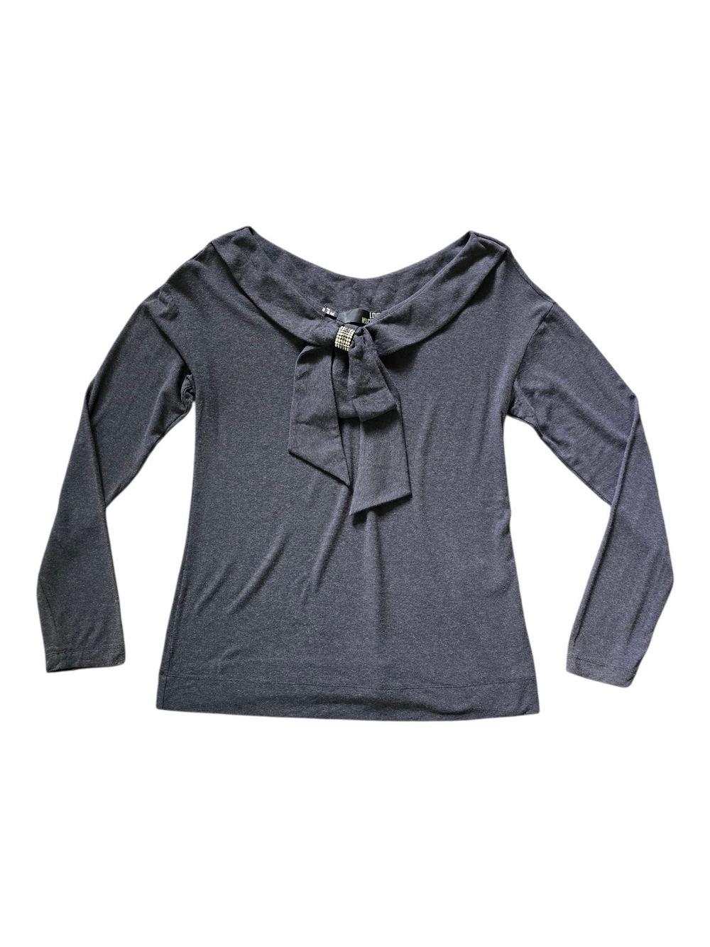 Love Moschino Y2K Charcoal Gray Long-Sleeve Tie-Neck Knit Top